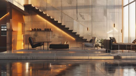 Nowoczesny salon z betonową podłogą, szklaną balustradą i minimalistyczną aranżacją