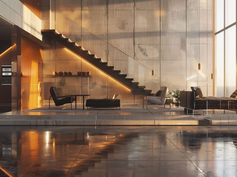 Nowoczesny salon z betonową podłogą, szklaną balustradą i minimalistyczną aranżacją