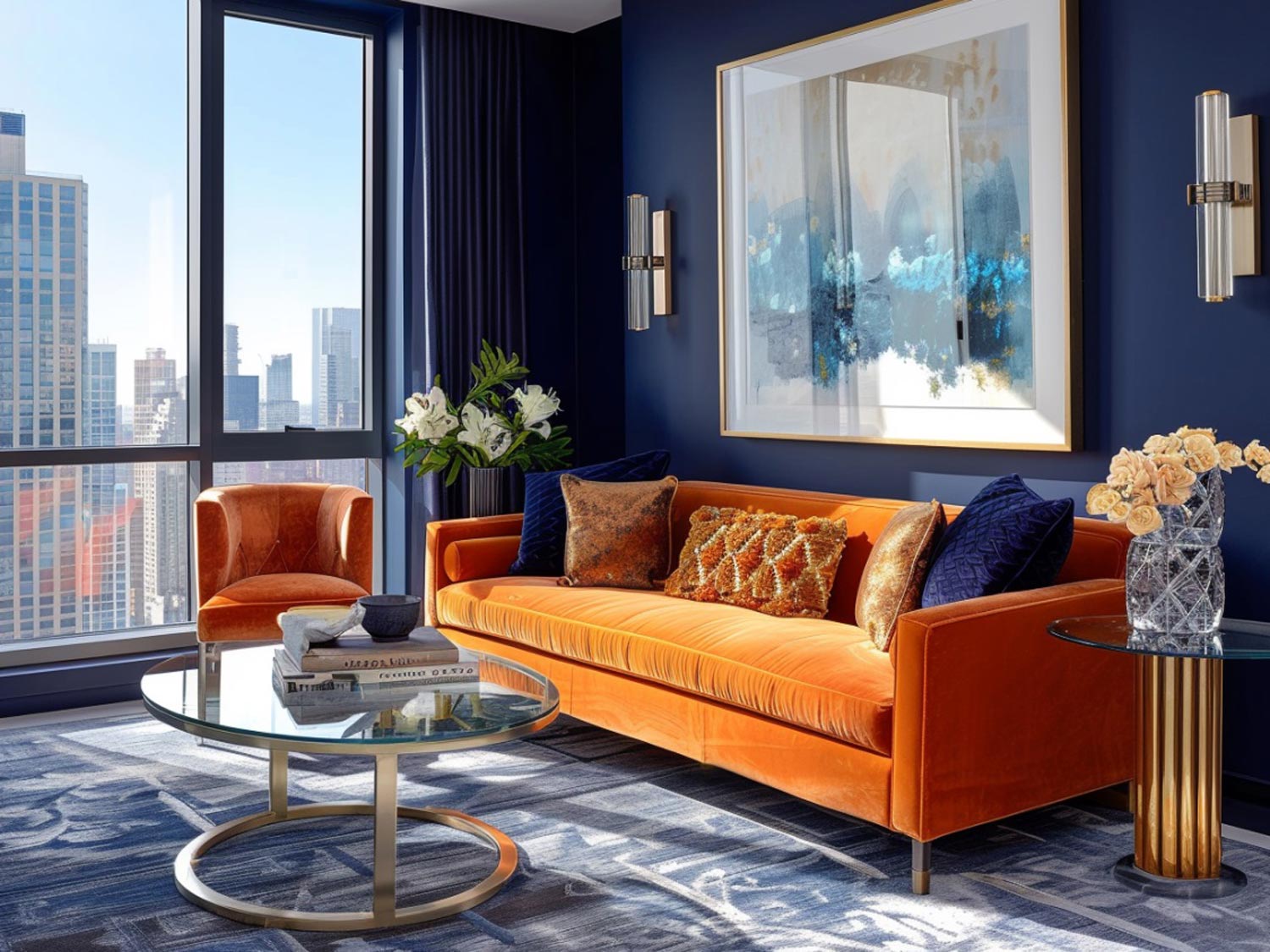 Nowoczesny salon z pomarańczową sofą w granatowym wnętrzu