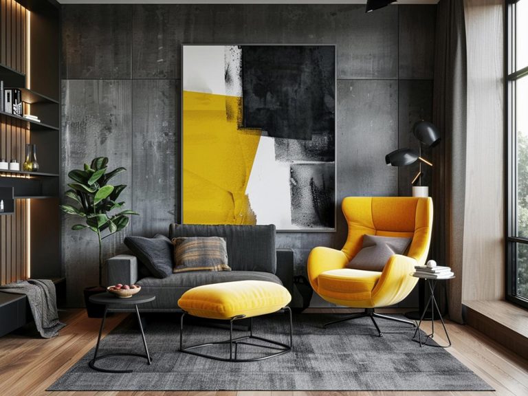 Nowoczesny salon z szarą sofą i designerskimi dekoracjami kolor pomarańczowy