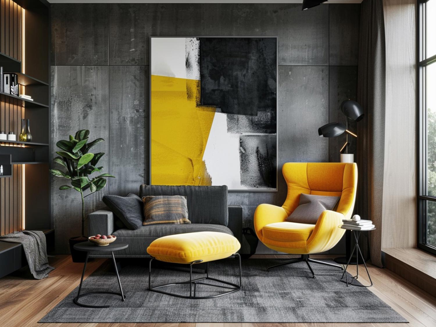 Nowoczesny salon z szarą sofą i designerskimi dekoracjami kolor pomarańczowy