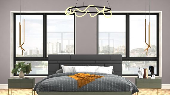 Nowoczesna sypialnia z designerską lampą