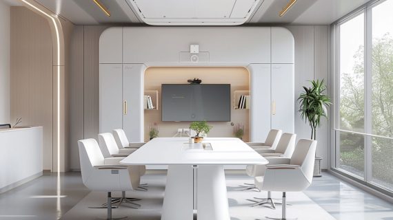 Nowoczesna sala konferencyjna z białym stołem, jasnymi fotelami i minimalistyczną aranżacją
