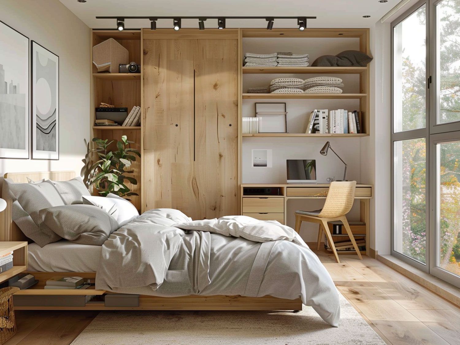 Nowoczesna sypialnia z zabudową meblową i drewnianymi frontami kolor jasny brąz