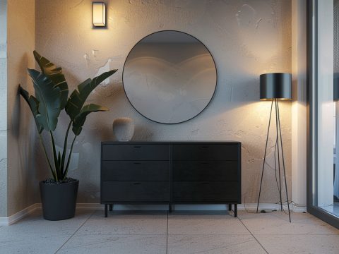 Nowoczesny przedpokój z czarną komodą, okrągłym lustrem i minimalistyczną lampą