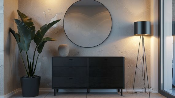 Nowoczesny przedpokój z czarną komodą, okrągłym lustrem i minimalistyczną lampą