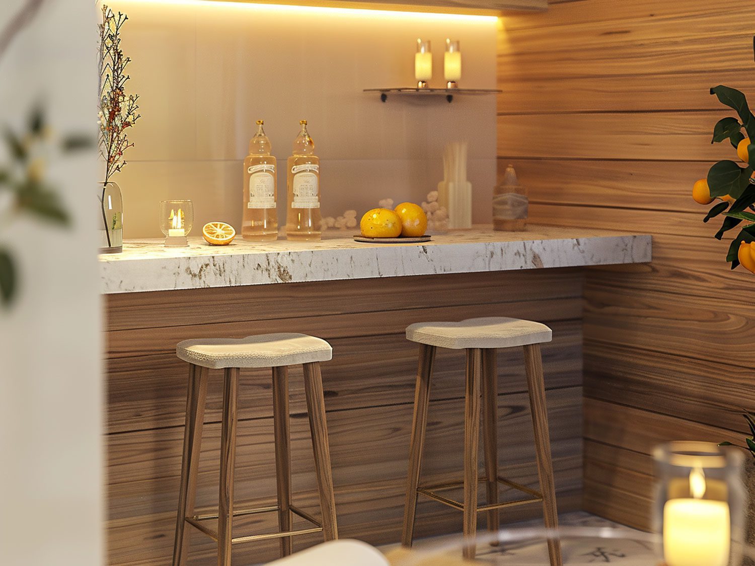 Nowoczesny bar z drewnianym blatem i podświetleniem LED kolor jasny brąz