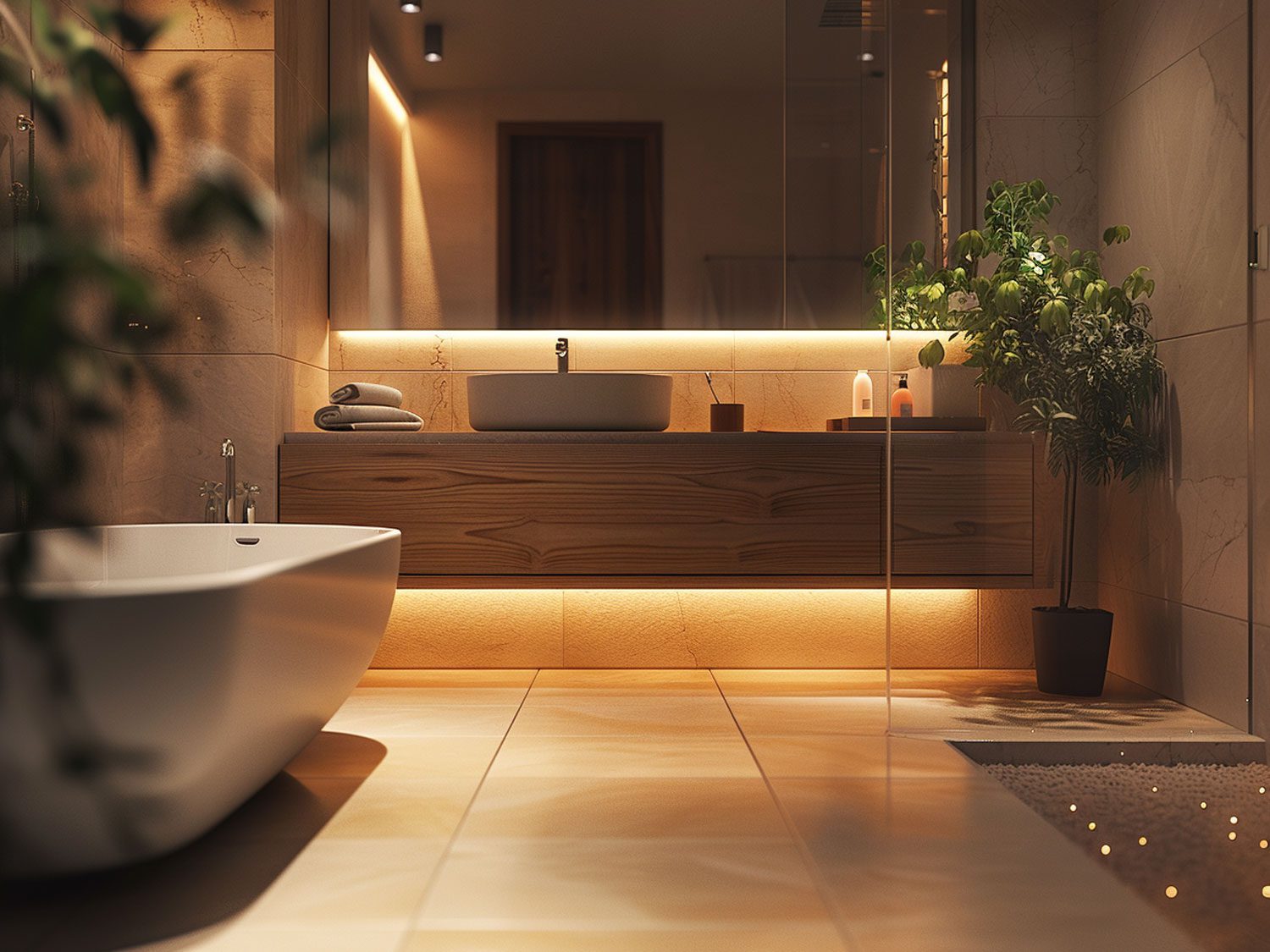 Nowoczesna łazienka z drewnianą szafką i podwójnym zlewem kolor jasny brąz