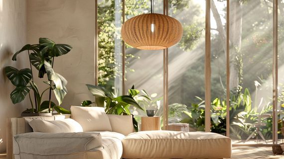 Skandynawski salon z jasną sofą, dużymi oknami i rattanową lampą