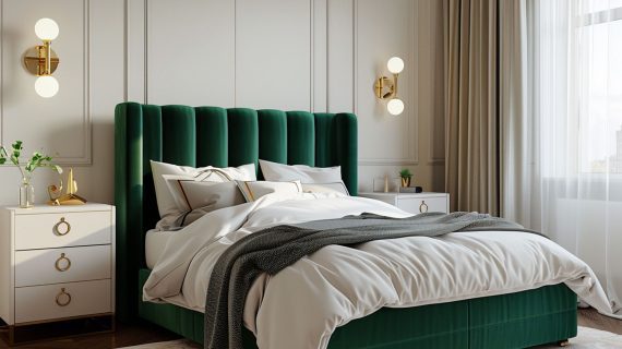 Glamour sypialnia z zielonym łóżkiem kontynentalnym i eleganckimi dodatkami