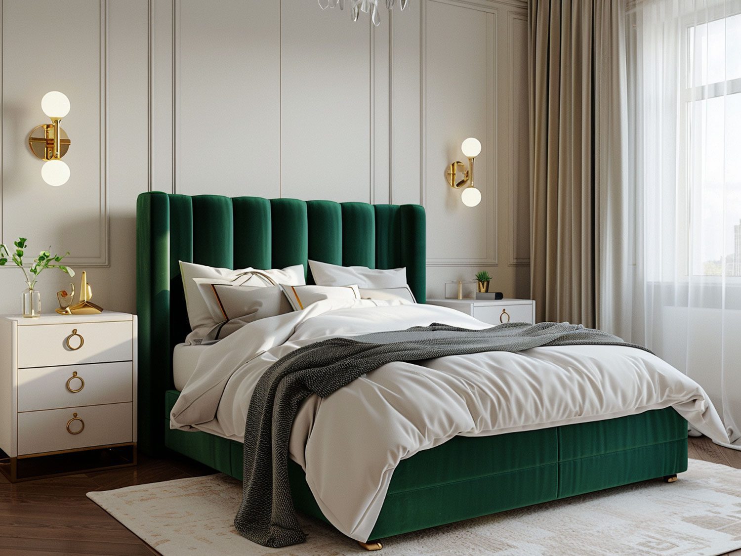 Glamour sypialnia z zielonym łóżkiem kontynentalnym i eleganckimi dodatkami