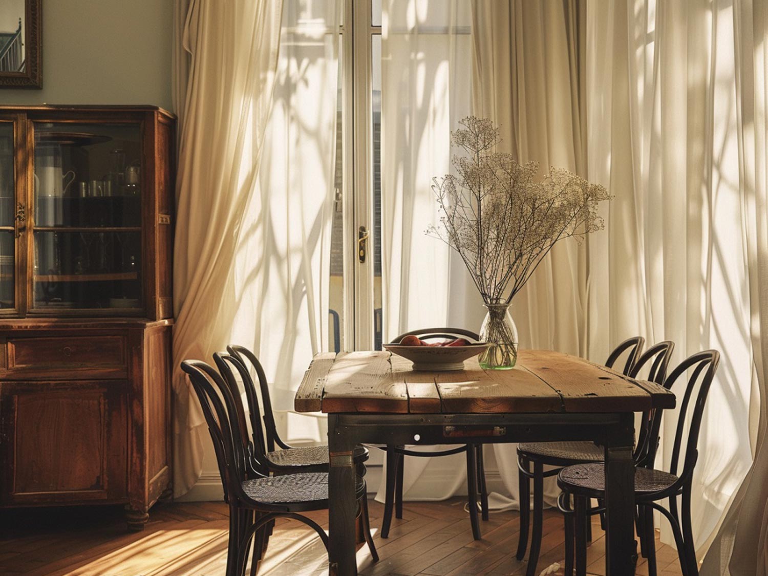 Jadalnia w stylu minimalistycznym z dużymi oknami