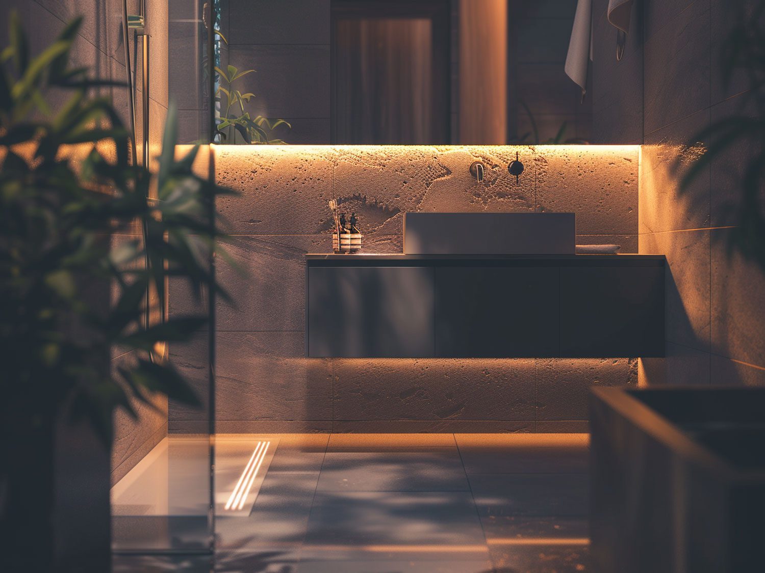 Nowoczesne meble do łazienki z betonową ścianą