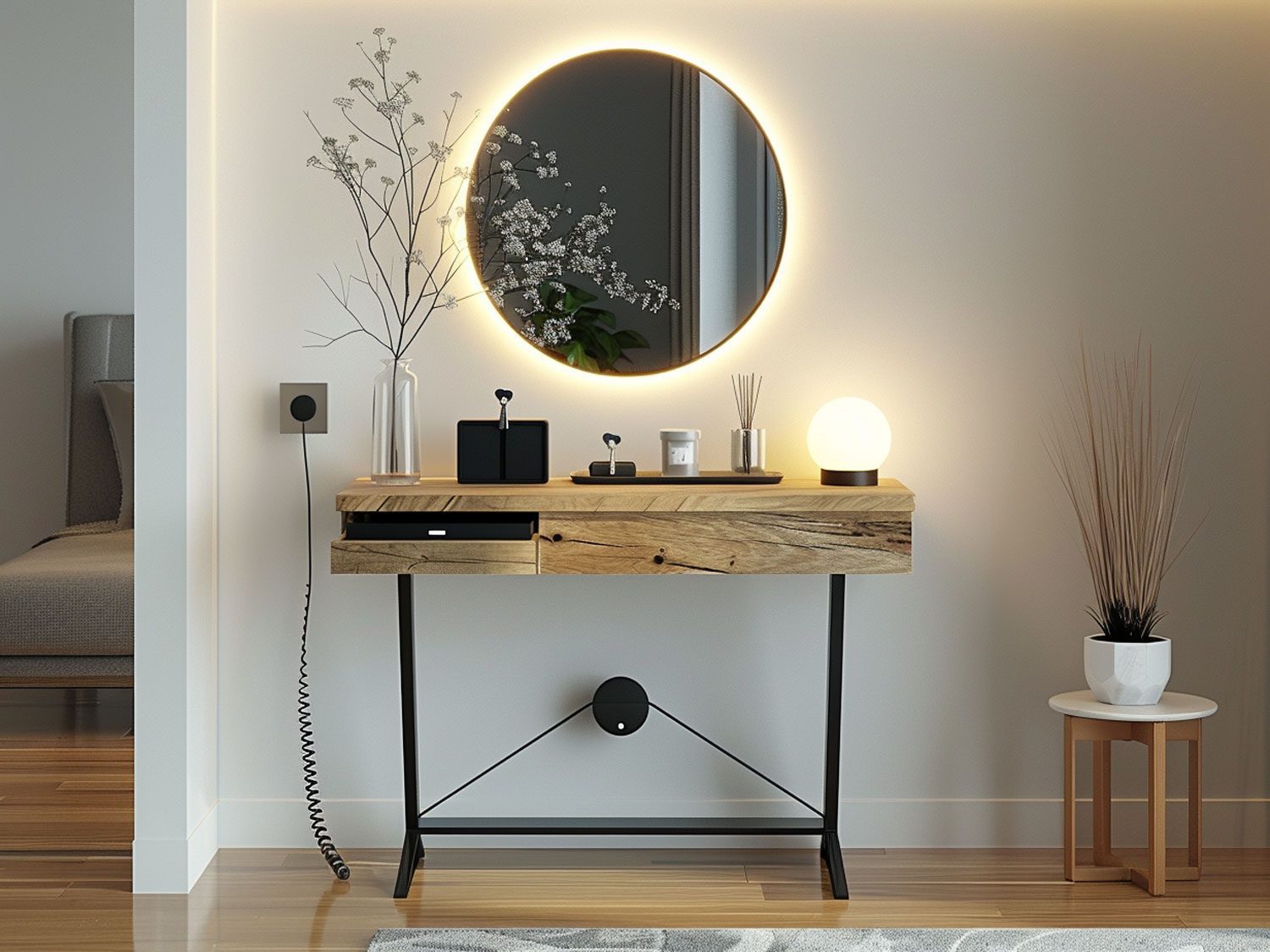 Nowoczesny salon z podświetlanym lustrem i drewnianą szafką kolor naturalny