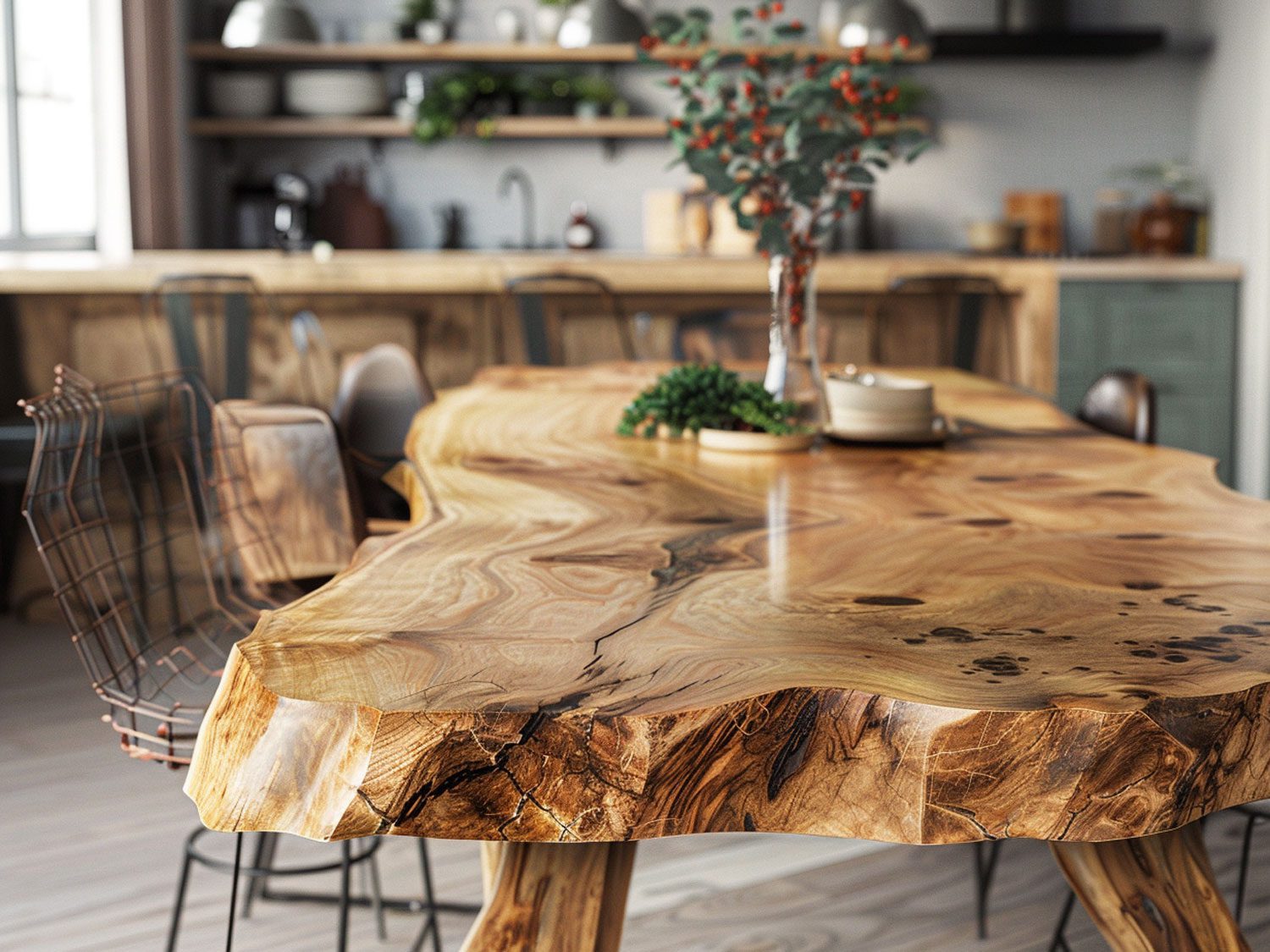 Nowoczesna jadalnia z drewnianym stołem i designerskimi krzesłami kolor jasny brąz