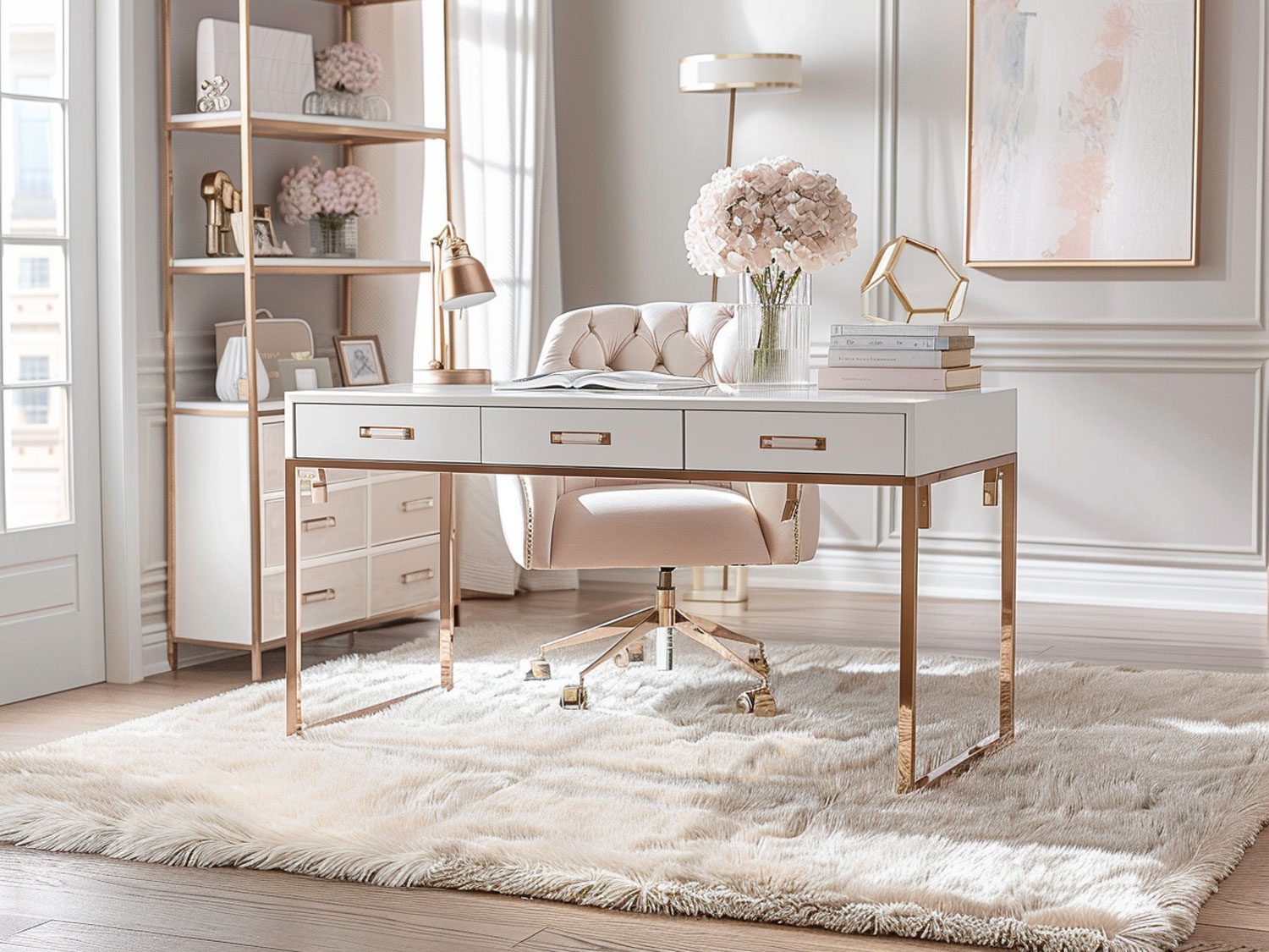 Nowoczesne biuro z białym biurkiem i dekoracyjnymi elementami w stylu glamour kolor biały