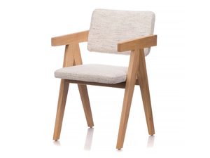 Miniaturka 1 - Beżowe krzesło tapicerowane z dębową ramą i podłokietnikami perspektywa