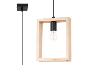 Miniaturka 1 - Drewniana lampa wisząca z jasną ramą i czarną oprawką na żarówkę