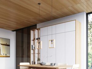 Miniaturka 17 - Drewniana lampa wisząca w nowoczesnej aranżacji jadalni z szafą