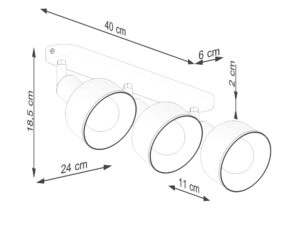 Miniaturka 11 - Schemat wymiarów plafonu sufitowego trójpunktowego białego matowego 40x18,5cm