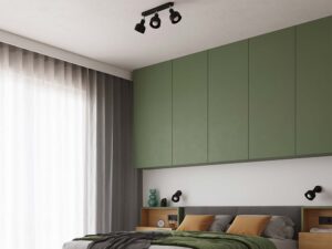 Miniaturka 15 - Plafon dwupunktowy czarny matowy w aranżacji sypialni z zielonymi meblami