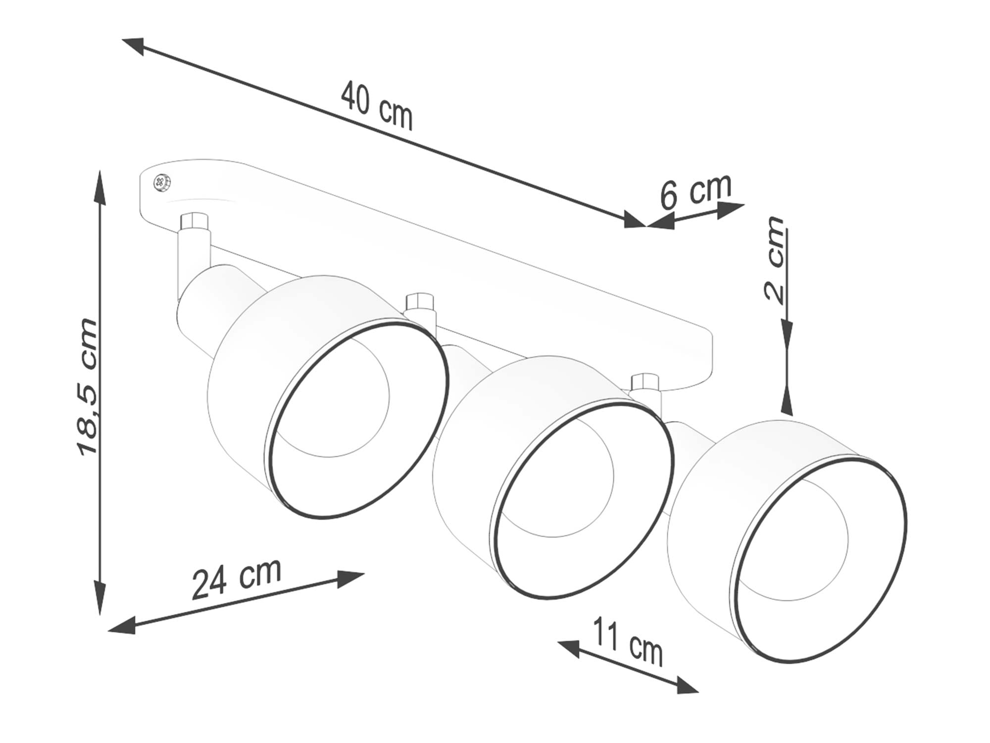 Schemat wymiarów plafonu sufitowego trójpunktowego czarnego matowego 40x18,5cm Schemat wymiarów plafonu sufitowego trójpunktowego czarnego matowego 40x18,5cm