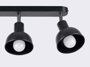 Miniaturka 5 - Detal czarnego klosza dzwonkowego plafonu świecącego ciepłym światłem zbliżenie