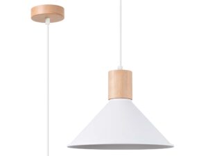 Miniaturka 1 - Lampa wisząca biała z drewnianym elementem i stożkowym kloszem metalowym