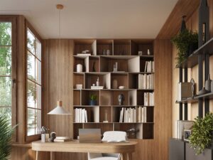 Miniaturka 17 - Lampa wisząca biało-drewniana w nowoczesnym gabinecie z biurkiem