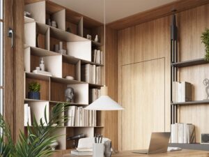 Miniaturka 18 - Wisząca lampa z białym kloszem i drewnem nad stanowiskiem pracy