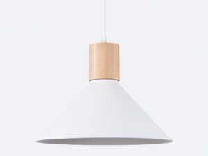 Miniaturka 5 - Metalowy biały klosz lampy z drewnianym cylindrycznym elementem mocowania