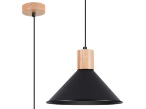 Miniaturka 1 - Lampa wisząca z czarnym stożkowym kloszem i drewnianym elementem