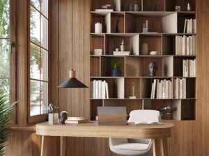 Miniaturka 18 - Lampa stożkowa czarno-drewniana w nowoczesnym gabinecie z biurkiem