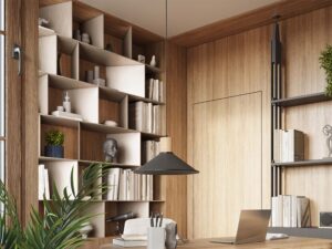 Miniaturka 19 - Wisząca lampa czarna z drewnem nad biurkiem w stylowym wnętrzu