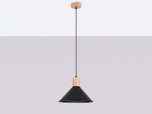 Miniaturka 2 - Wisząca lampa stożkowa czarna z drewnianą tuleją dekoracyjną