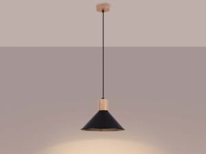 Miniaturka 3 - Stożkowa lampa wisząca czarna z drewnem i ciepłym światłem