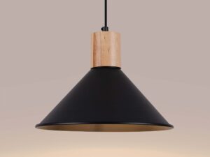 Miniaturka 4 - Czarny metalowy klosz lampy wiszącej z drewnianym detalem