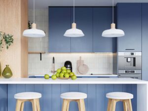Miniaturka 17 - Lampy wiszące białe z drewnem nad wyspą kuchenną w aranżacji
