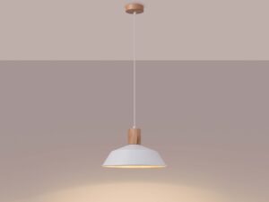 Miniaturka 4 - Skandynawska lampa wisząca biała z drewnem świecąca w aranżacji