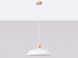 Miniaturka 2 - Skandynawska lampa wisząca biała z drewnianą rozetą sufitową