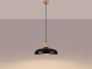 Miniaturka 3 - Lampa wisząca czarno-drewniana ze złotym wnętrzem klosza świecąca