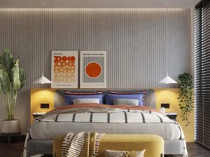 Miniaturka 14 - Dwie białe lampy wiszące ze stożkowymi kloszami w aranżacji sypialni