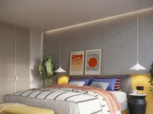 Miniaturka 15 - Białe lampy wiszące w aranżacji sypialni z łóżkiem i plakatami