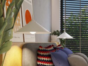 Miniaturka 16 - Biała lampa wisząca ze stożkowym kloszem w aranżacji sypialni zbliżenie