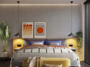 Miniaturka 15 - Dwie czarne lampy wiszące ze stożkowymi kloszami w aranżacji sypialni