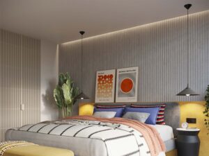 Miniaturka 16 - Czarne lampy wiszące w aranżacji sypialni z łóżkiem i plakatami