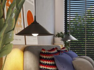 Miniaturka 17 - Czarna lampa wisząca ze stożkowym kloszem w aranżacji sypialni zbliżenie