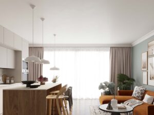 Miniaturka 16 - Białe lampy wiszące z szerokimi kloszami w aranżacji kuchni z salonem