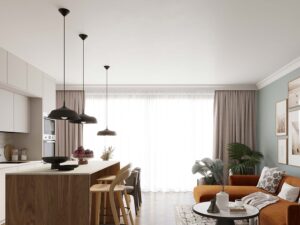 Miniaturka 16 - Czarne lampy wiszące w aranżacji kuchni z salonem