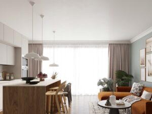 Miniaturka 16 - Białe lampy wiszące z płaskimi kloszami w aranżacji kuchni z salonem